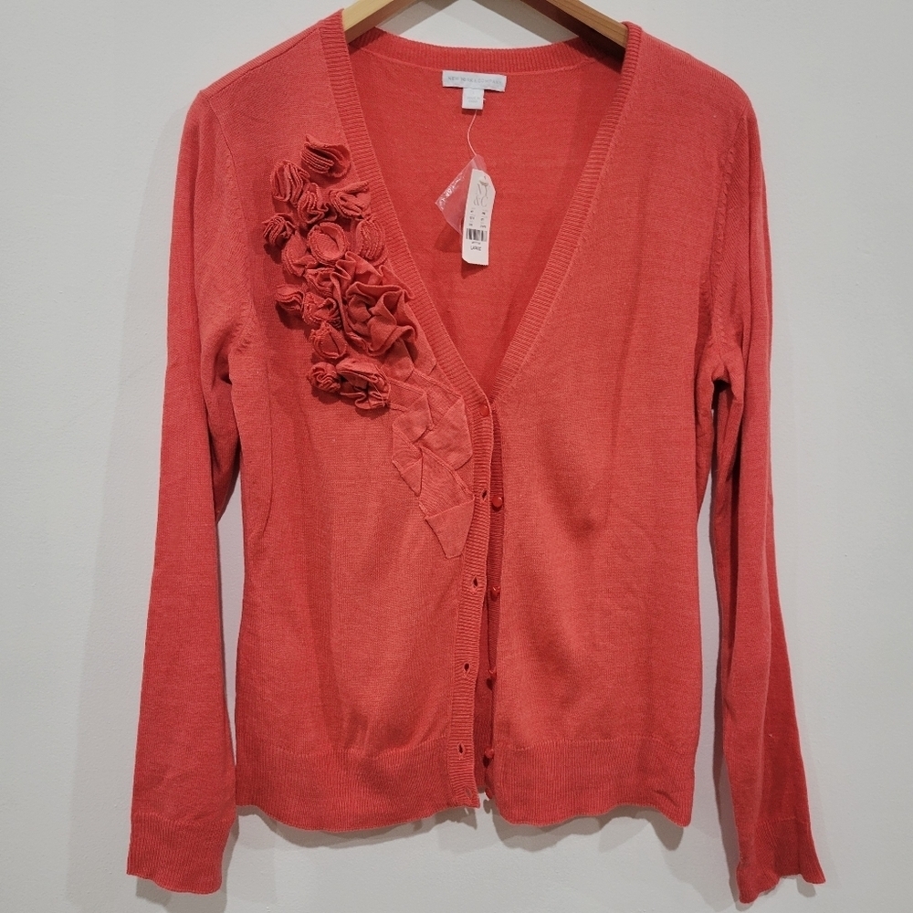 New York & Co. Orange Ruffle Flower Knit Cardigan Sweater size L